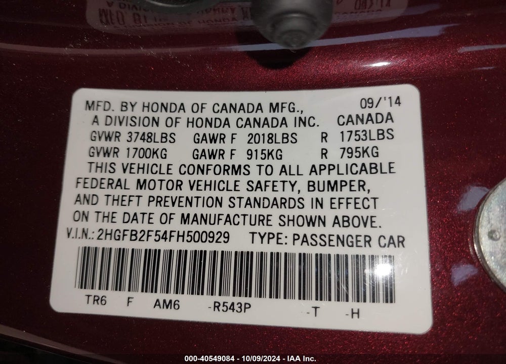 2015 HONDA CIVIC LX VIN: 2HGFB2F54FH500929