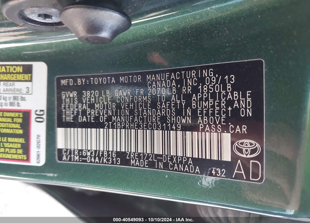 2014 TOYOTA COROLLA LE ECO PLUS VIN: 2T1BPRHE3EC031149