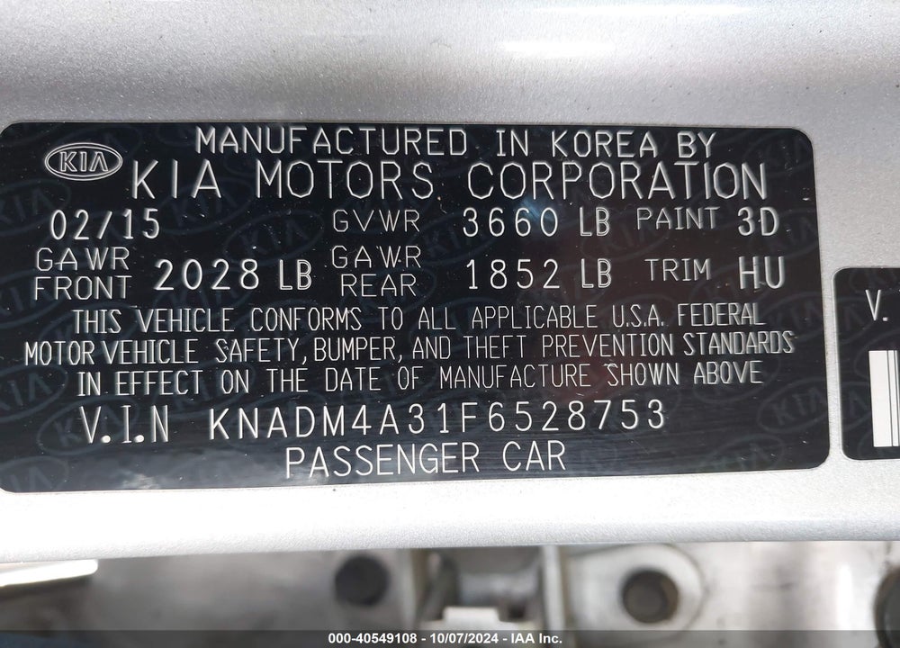 2015 KIA RIO LX VIN: KNADM4A31F6528753