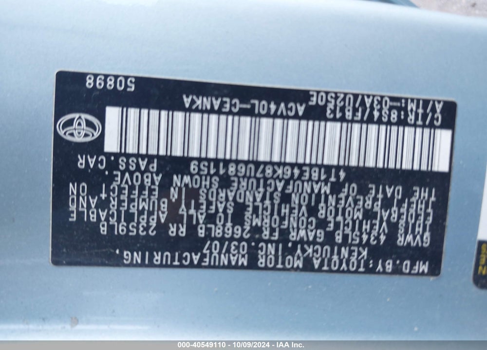 2007 TOYOTA CAMRY LE VIN: 4T1BE46K87U681159