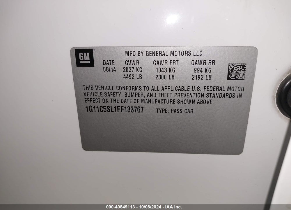 2015 CHEVROLET MALIBU VIN: 1G11C5SL1FF133767