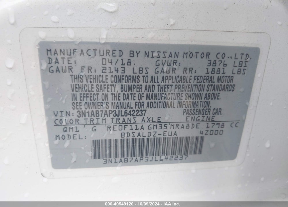 2018 NISSAN SENTRA SV VIN: 3N1AB7AP3JL642237