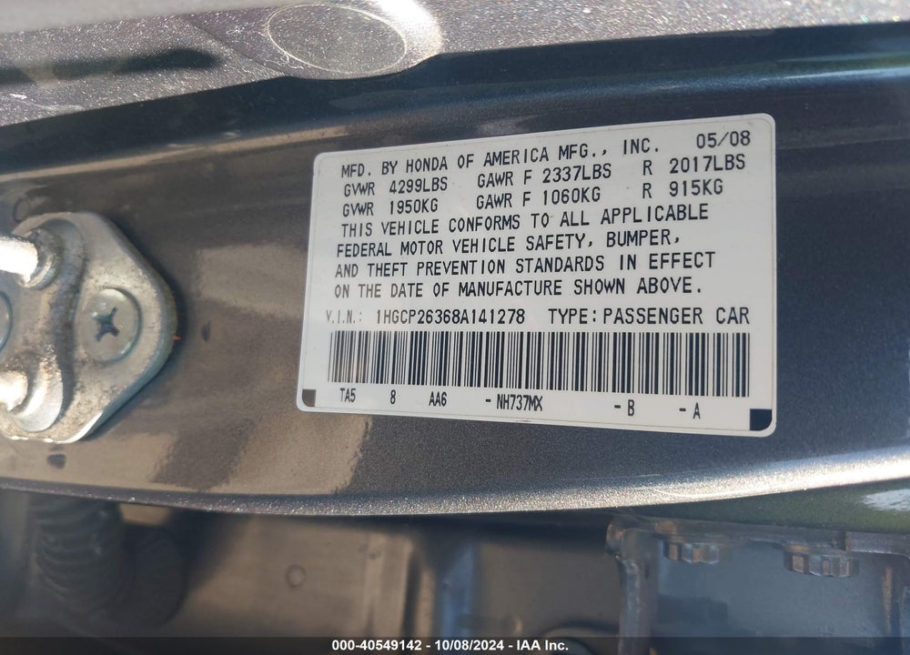 2008 HONDA ACCORD 2.4 LX VIN: 1HGCP26368A141278