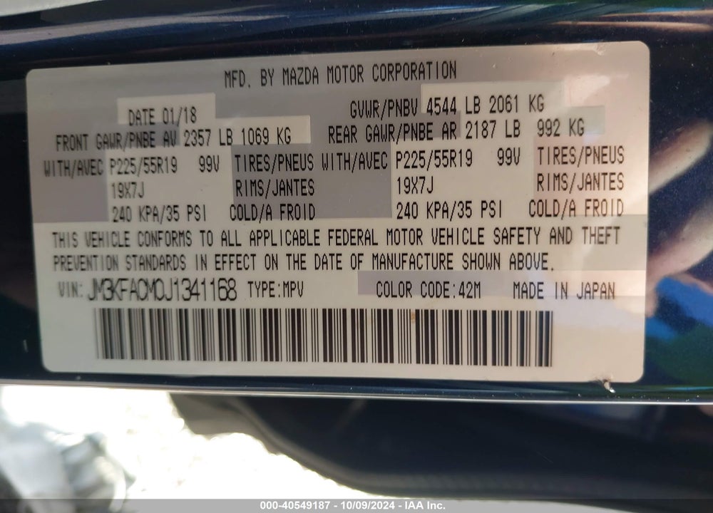 2018 MAZDA CX-5 TOURING VIN: JM3KFACM0J1341168