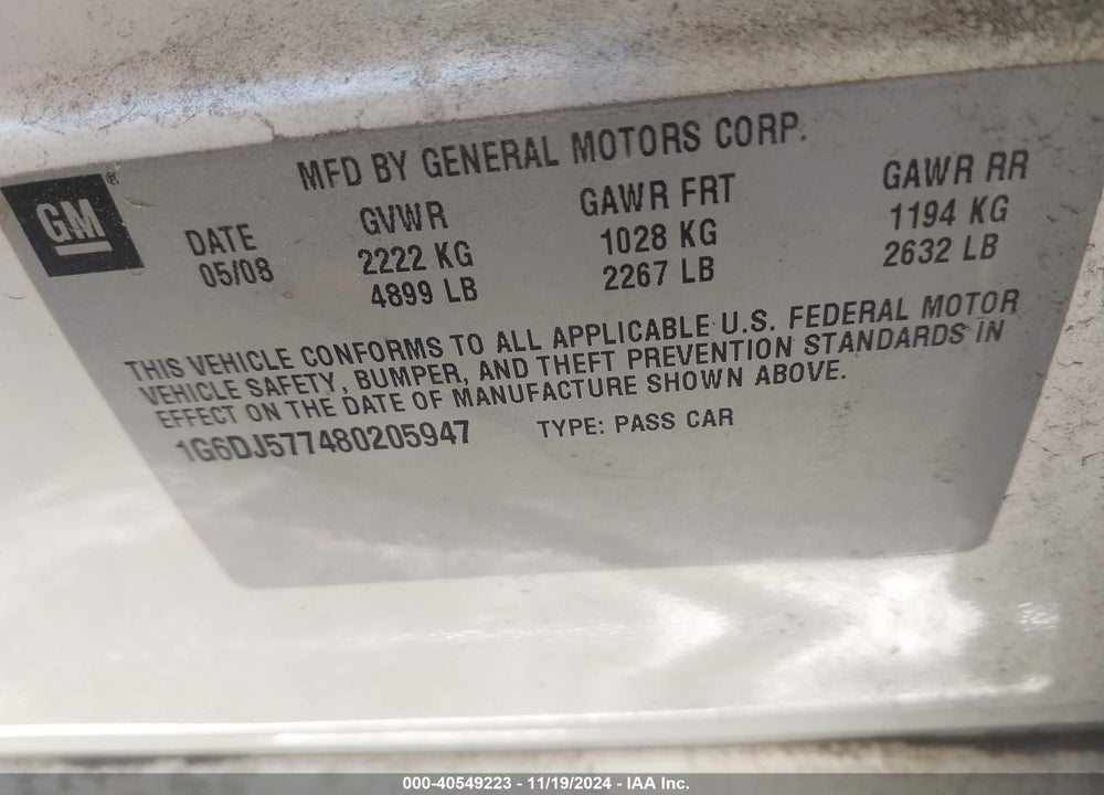 2008 CADILLAC CTS STANDARD VIN: 1G6DJ577480205947