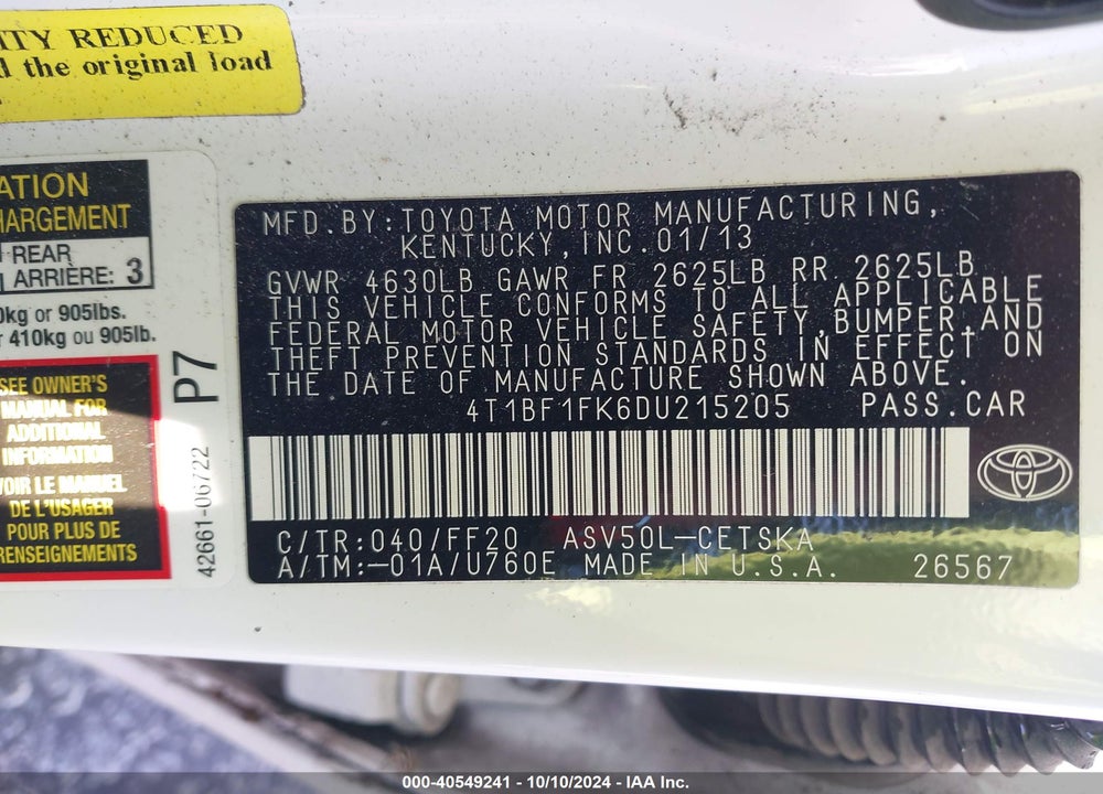 2013 TOYOTA CAMRY SE VIN: 4T1BF1FK6DU215205