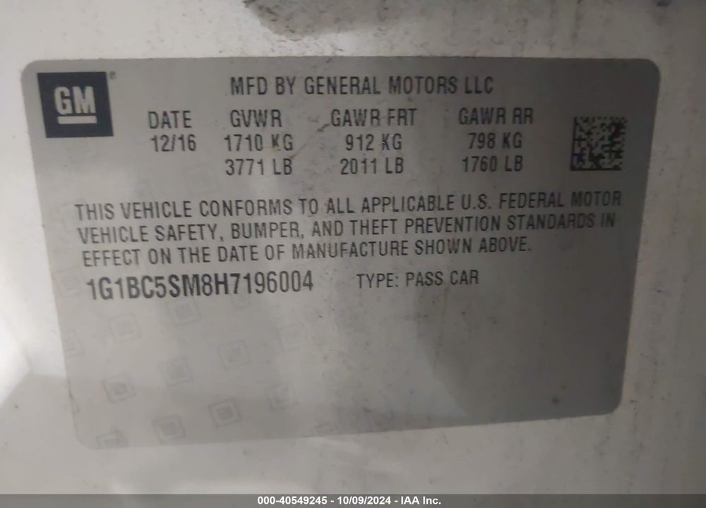 2017 CHEVROLET CRUZE LS AUTO VIN: 1G1BC5SM8H7196004