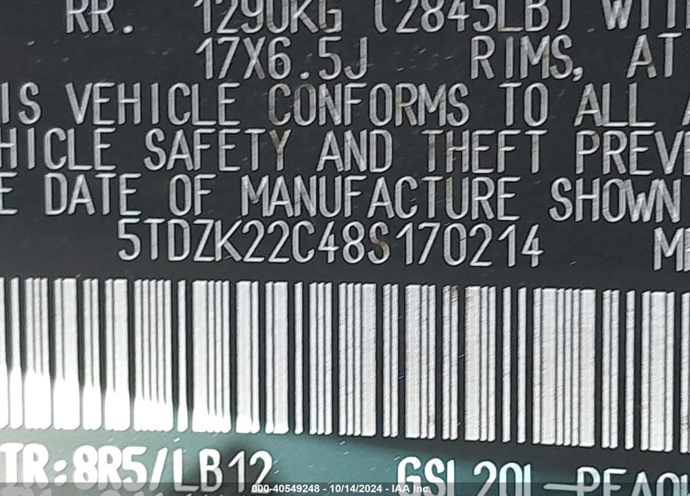 2008 TOYOTA SIENNA XLE VIN: 5TDZK22C48S170214
