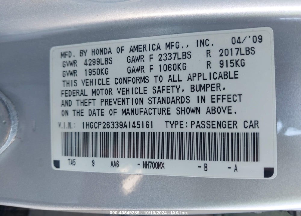 2009 HONDA ACCORD VIN: 1HGCP26339A145161