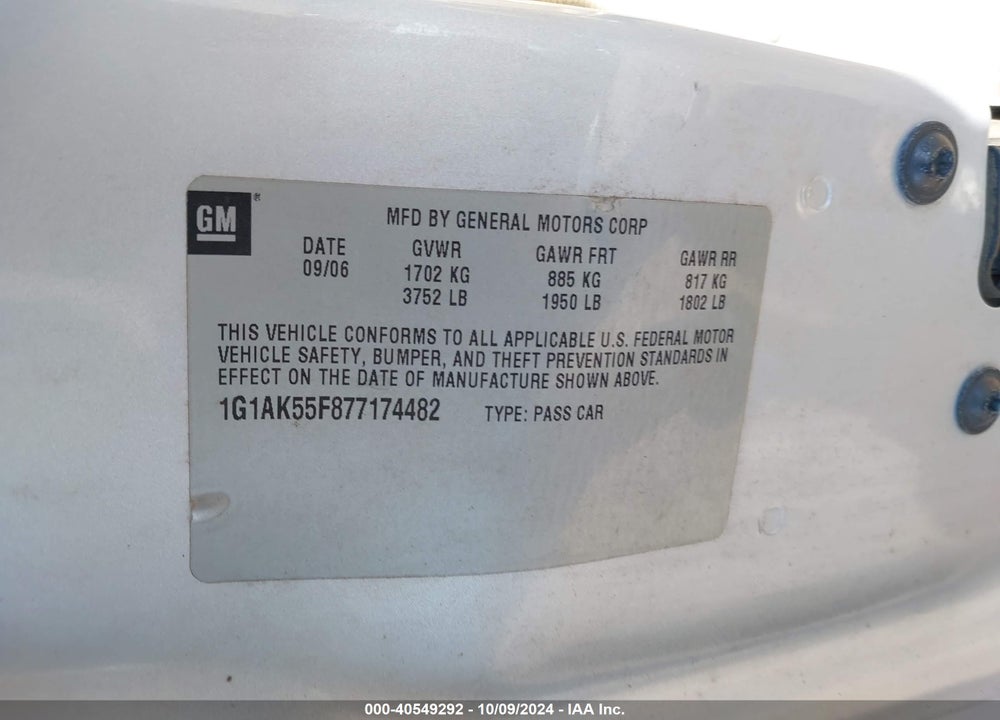2007 CHEVROLET COBALT LS VIN: 1G1AK55F877174482