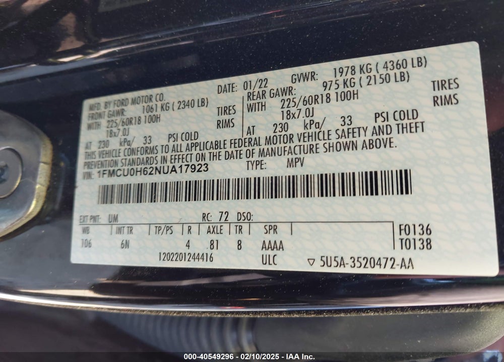 2022 FORD ESCAPE SEL VIN: 1FMCU0H62NUA17923
