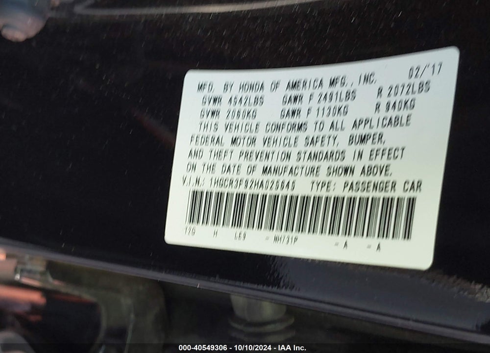 2017 HONDA ACCORD TOURING V6 VIN: 1HGCR3F92HA025645
