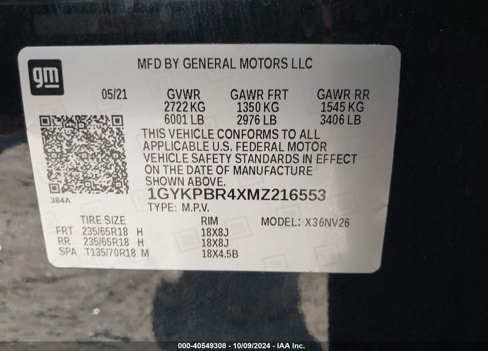 2021 CADILLAC XT6 LUXURY VIN: 1GYKPBR4XMZ216553