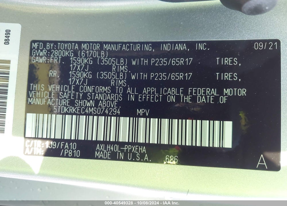 2021 TOYOTA SIENNA LE VIN: 5TDKRKEC4MS074294
