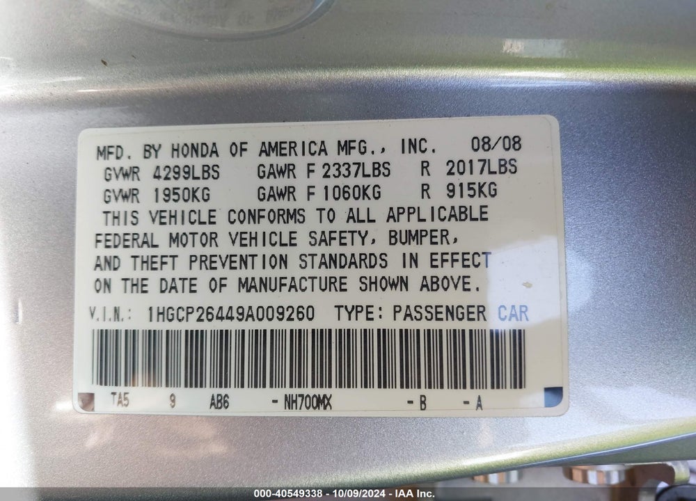 2009 HONDA ACCORD 2.4 LX-P VIN: 1HGCP26449A009260