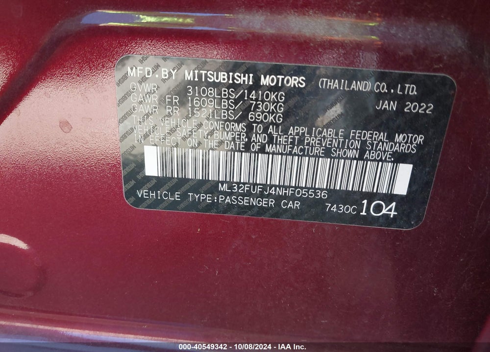 2022 MITSUBISHI MIRAGE G4 ES VIN: ML32FUFJ4NHF05536