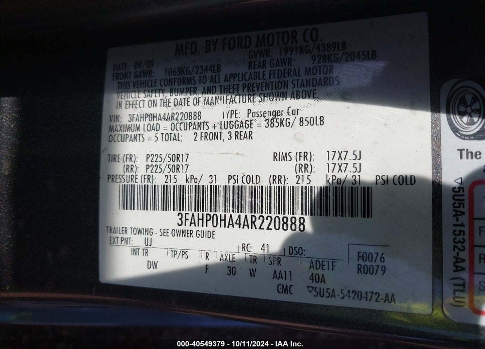 2010 FORD FUSION SE VIN: 3FAHP0HA4AR220888