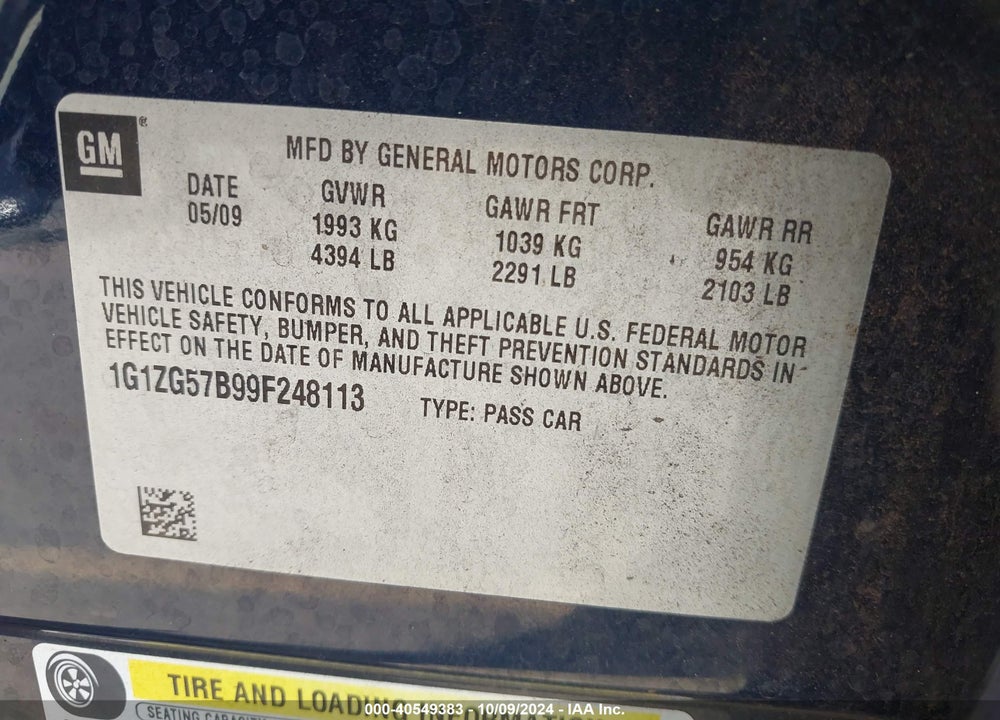 2009 CHEVROLET MALIBU LS VIN: 1G1ZG57B99F248113