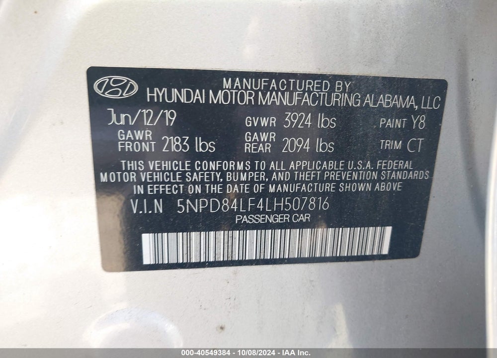 2020 HYUNDAI ELANTRA SEL VIN: 5NPD84LF4LH507816