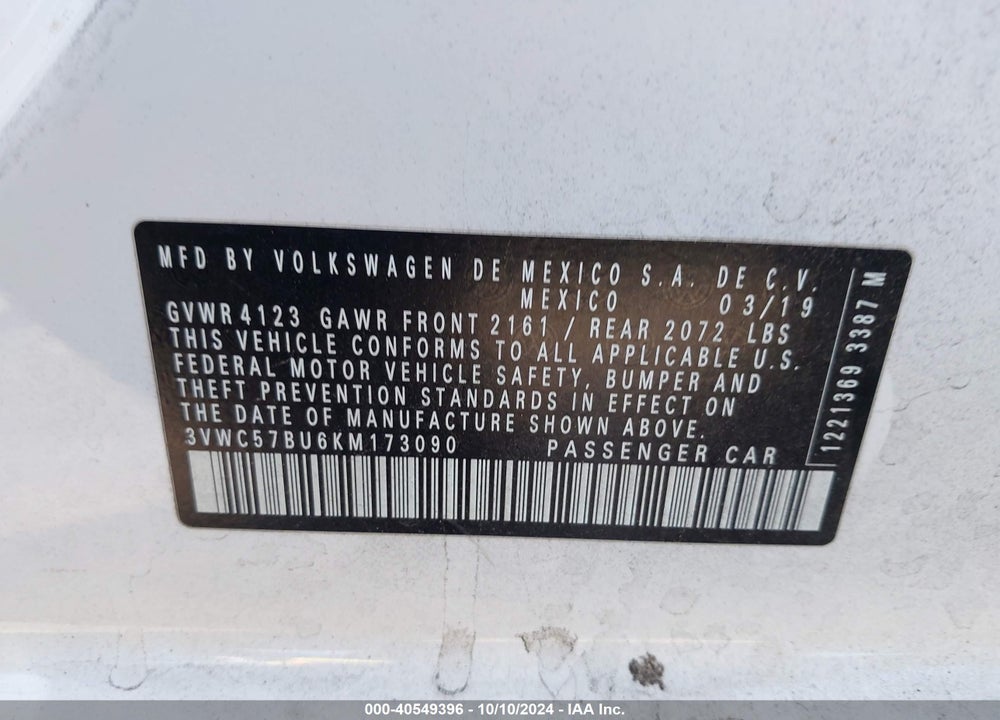 2019 VOLKSWAGEN JETTA 1.4T R-LINE/1.4T S/1.4T SE VIN: 3VWC57BU6KM173090
