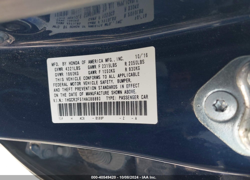 2017 HONDA ACCORD SPORT VIN: 1HGCR2F51HA088890