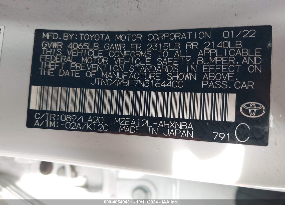 2022 TOYOTA COROLLA VIN: JTNC4MBE7N3164400