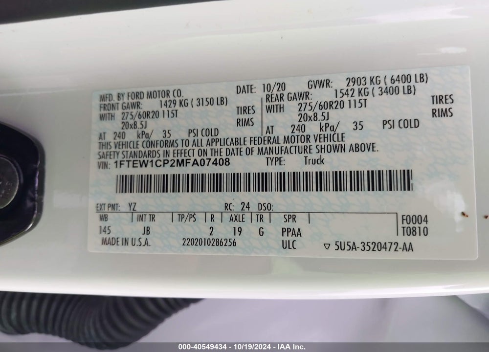 2021 FORD F-150 XL VIN: 1FTEW1CP2MFA07408