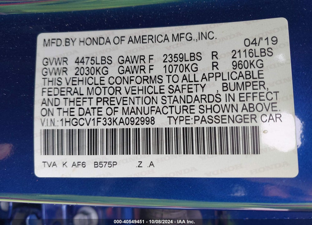 2019 HONDA ACCORD SPORT VIN: 1HGCV1F33KA092998