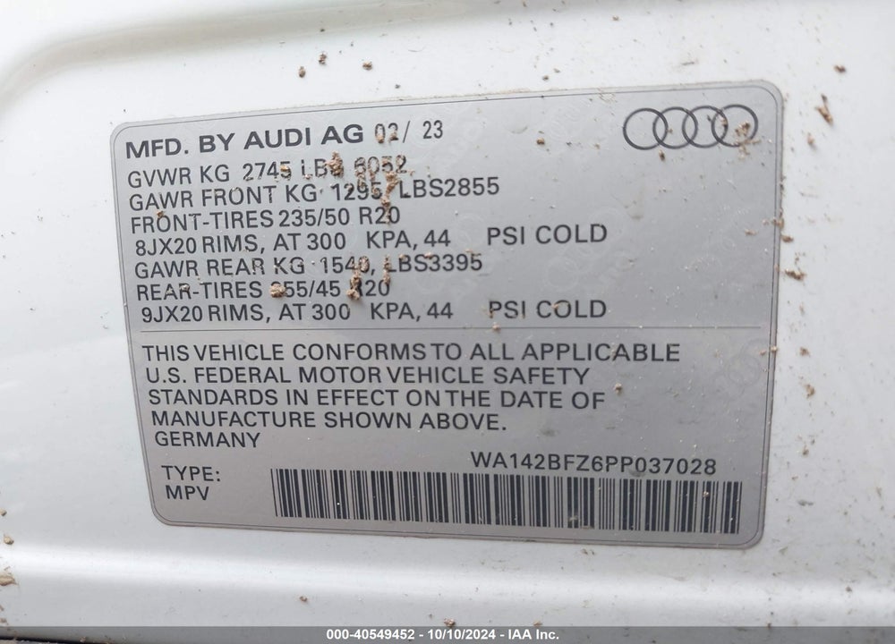 2023 AUDI Q4 SPORTBACK E-TRON PRESTIGE 50 QUATTRO VIN: WA142BFZ6PP037028
