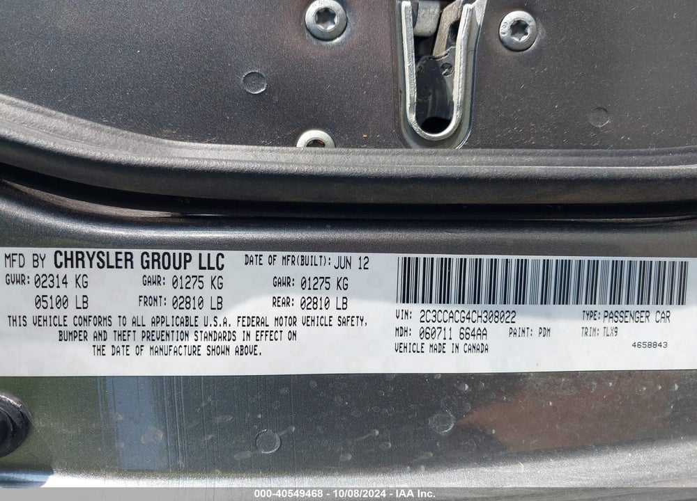 2012 CHRYSLER 300 LIMITED VIN: 2C3CCACG4CH308022