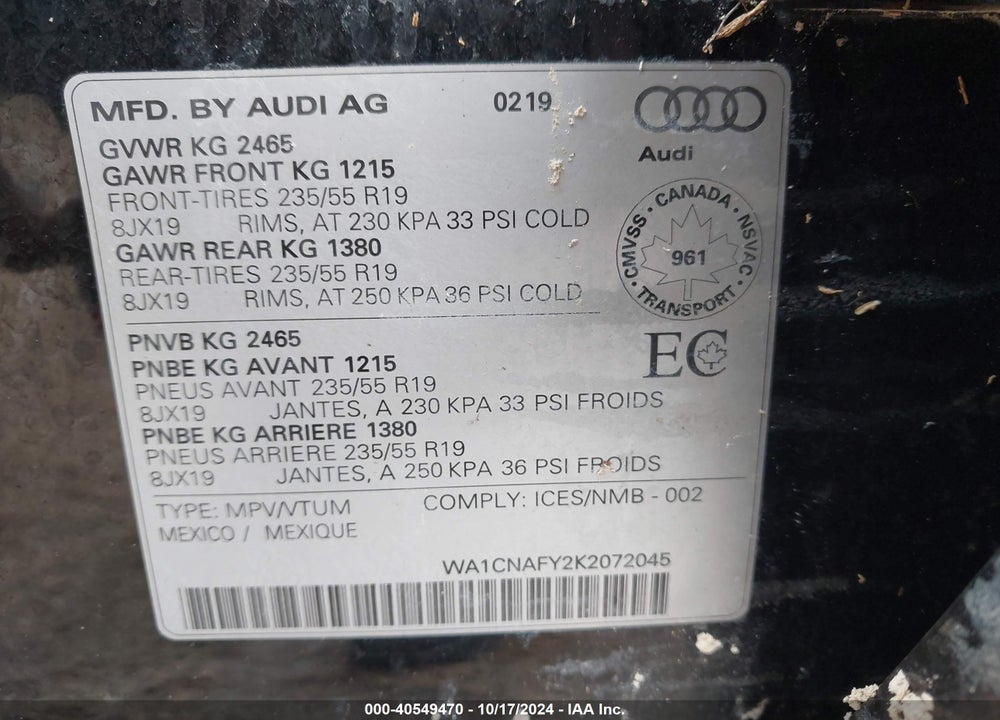 2019 AUDI Q5 45 PREMIUM VIN: WA1CNAFY2K2072045