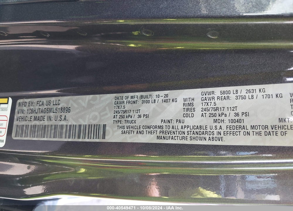 2021 JEEP GLADIATOR SPORT 4X4 VIN: 1C6HJTAG6ML518896