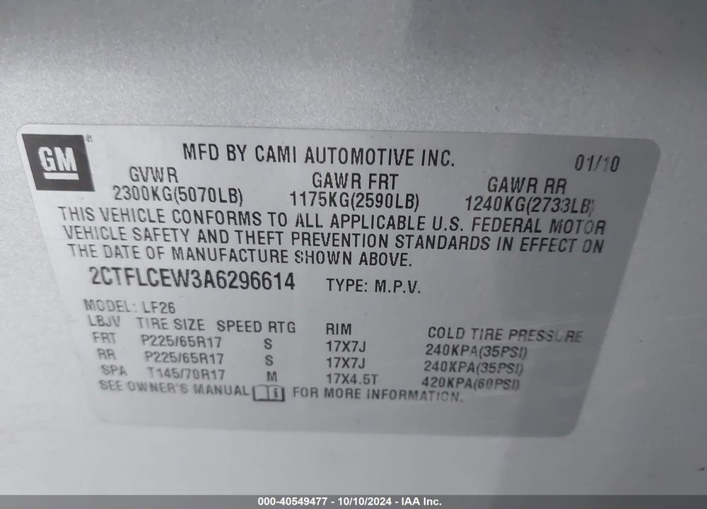 2010 GMC TERRAIN SLE-1 VIN: 2CTFLCEW3A6296614