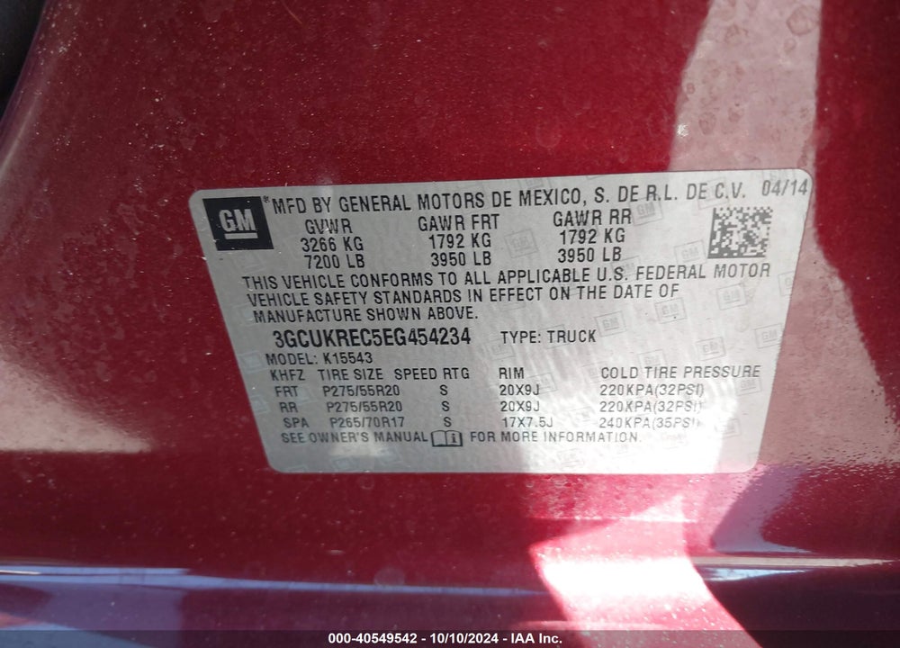 2014 CHEVROLET SILVERADO 1500 1LT VIN: 3GCUKREC5EG454234