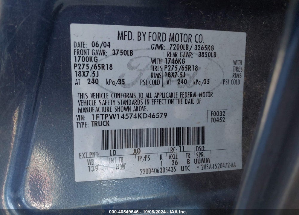 2004 FORD F-150 FX4/LARIAT/XLT VIN: 1FTPW14574KD46579