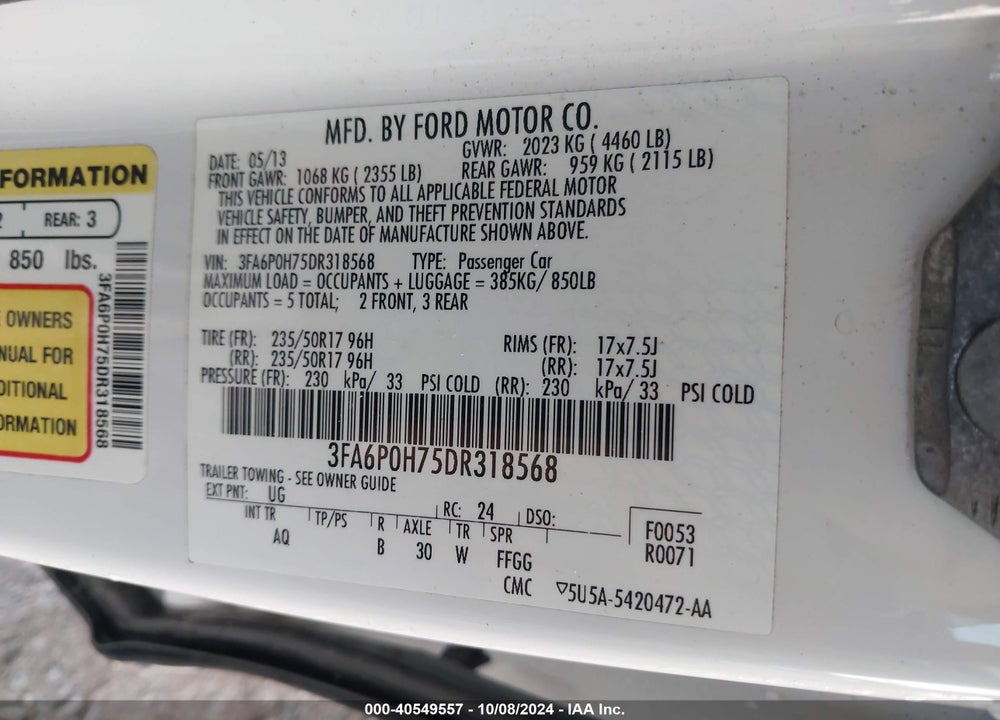 2013 FORD FUSION SE VIN: 3FA6P0H75DR318568