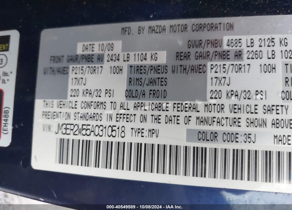 2010 MAZDA CX-7 I SV VIN: JM3ER2W55A0310518