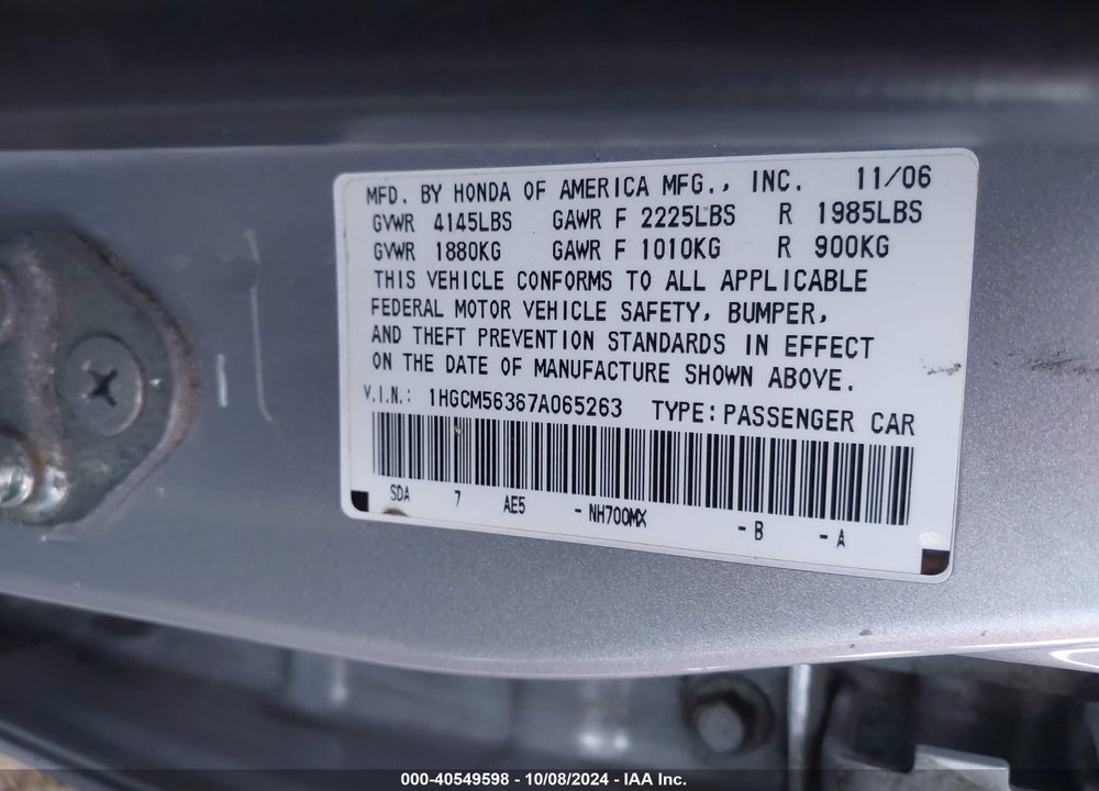 2007 HONDA ACCORD 2.4 SE VIN: 1HGCM56367A065263