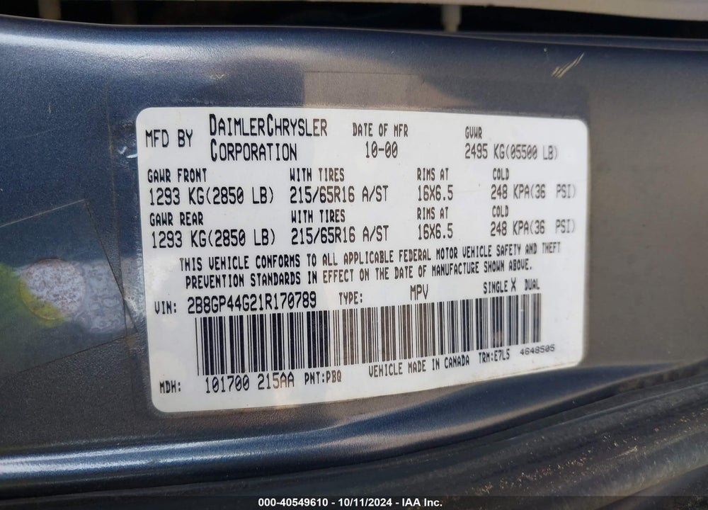 2001 DODGE GRAND CARAVAN SPORT VIN: 2B8GP44G21R170789