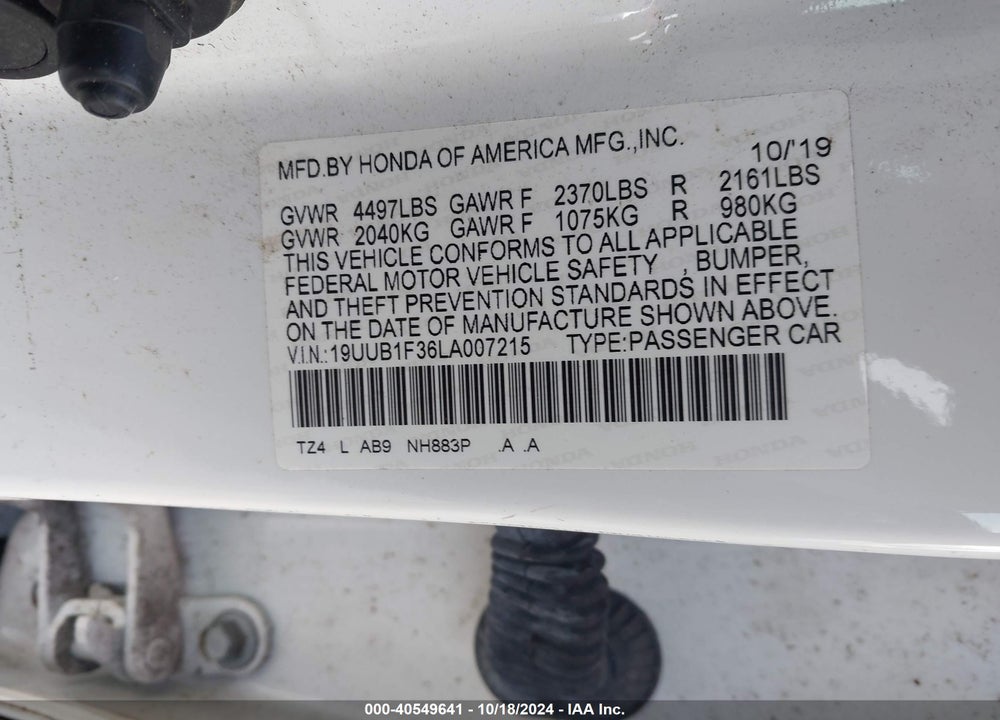 2020 ACURA TLX STANDARD VIN: 19UUB1F36LA007215