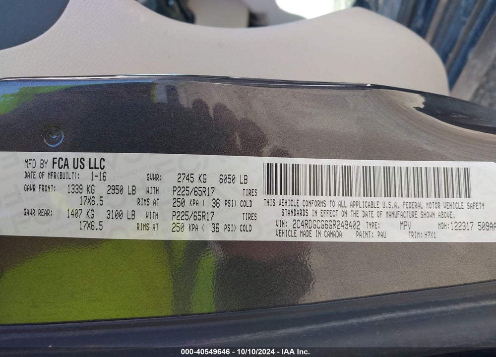 2016 DODGE GRAND CARAVAN SXT VIN: 2C4RDGCG6GR249402