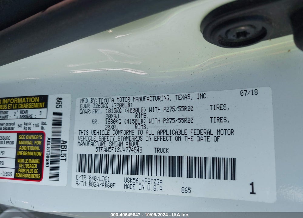 2018 TOYOTA TUNDRA 1794 5.7L V8 VIN: 5TFAW5F12JX774548