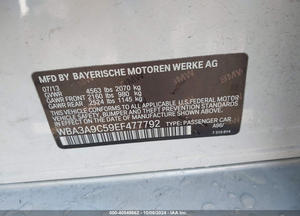 2014 BMW 335I VIN: WBA3A9C59EF477792