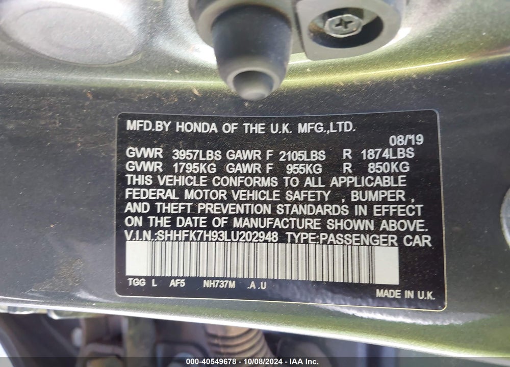 2020 HONDA CIVIC SPORT TOURING VIN: SHHFK7H93LU202948