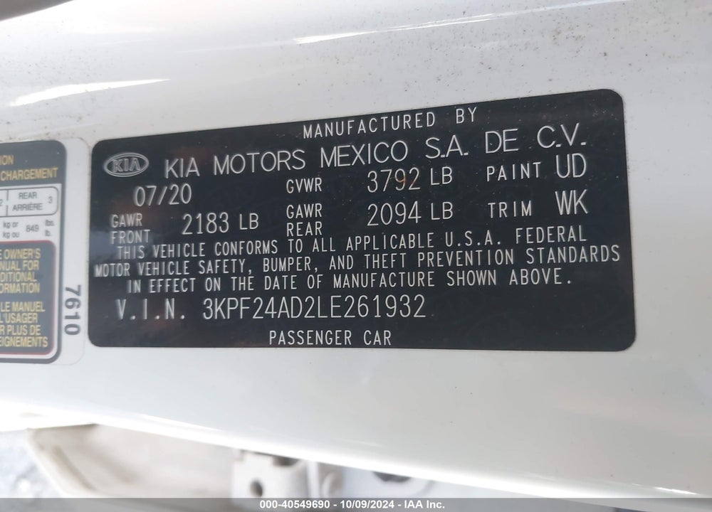 2020 KIA FORTE LXS VIN: 3KPF24AD2LE261932