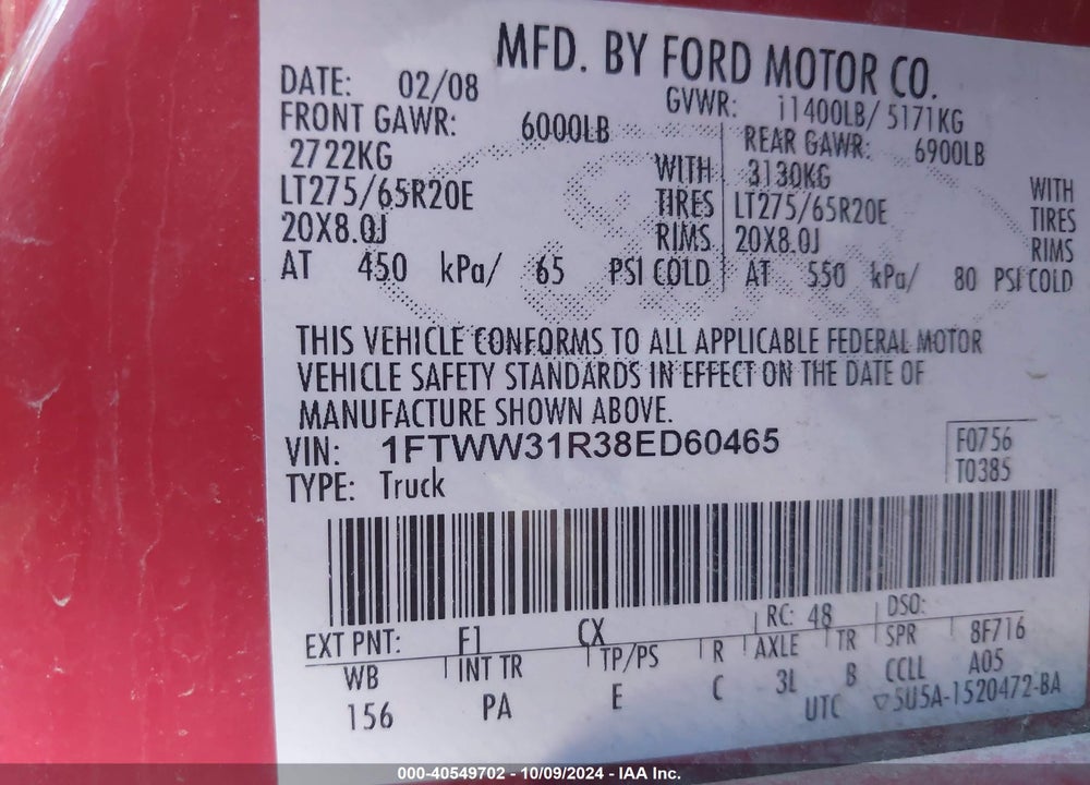 2008 FORD F-350 FX4 VIN: 1FTWW31R38ED60465