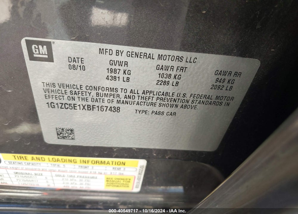 2011 CHEVROLET MALIBU 1LT VIN: 1G1ZC5E1XBF167438