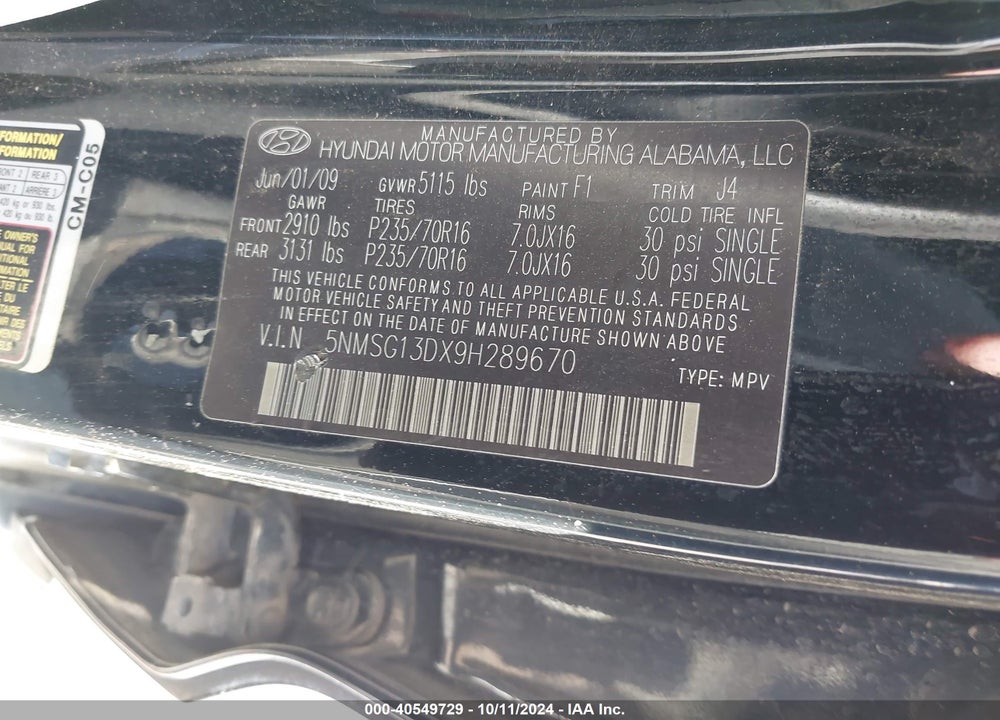 2009 HYUNDAI SANTA FE GLS VIN: 5NMSG13DX9H289670