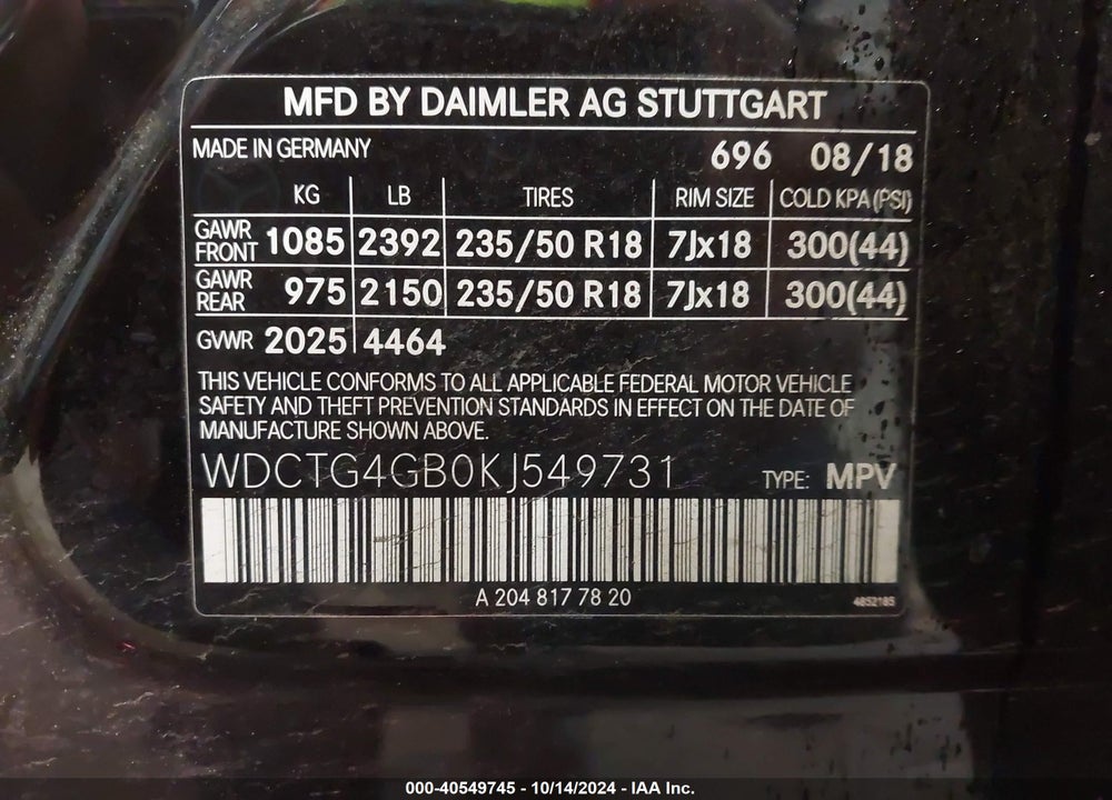 2019 MERCEDES-BENZ GLA 250 4MATIC VIN: WDCTG4GB0KJ549731