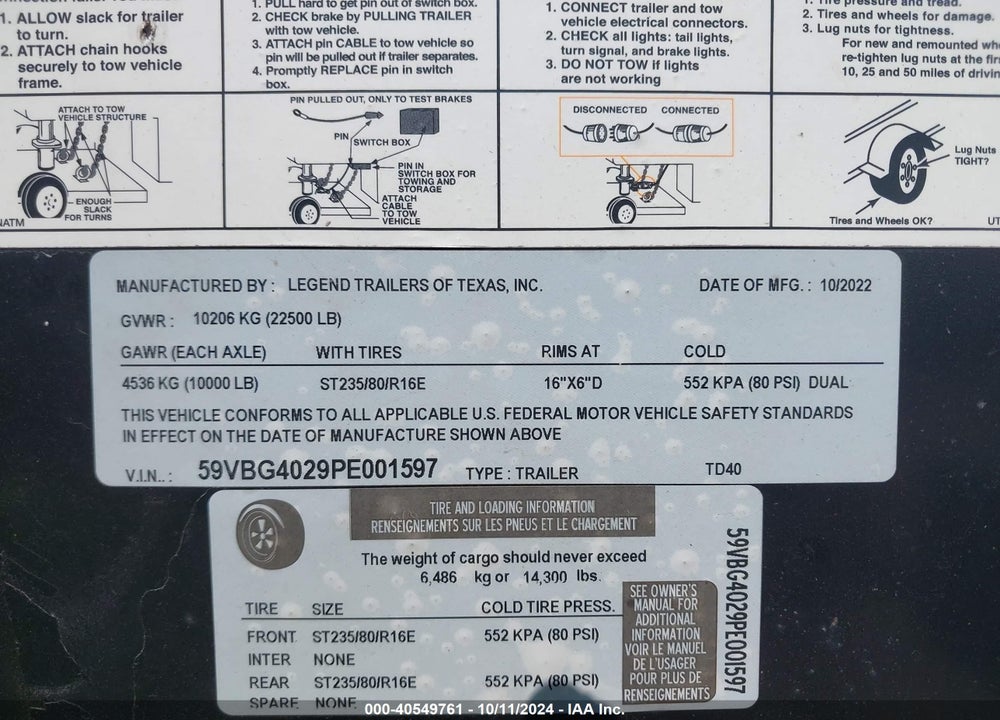 2023 TRAILER LEGEND GOOSENECK VIN: 59VBG4029PE001597